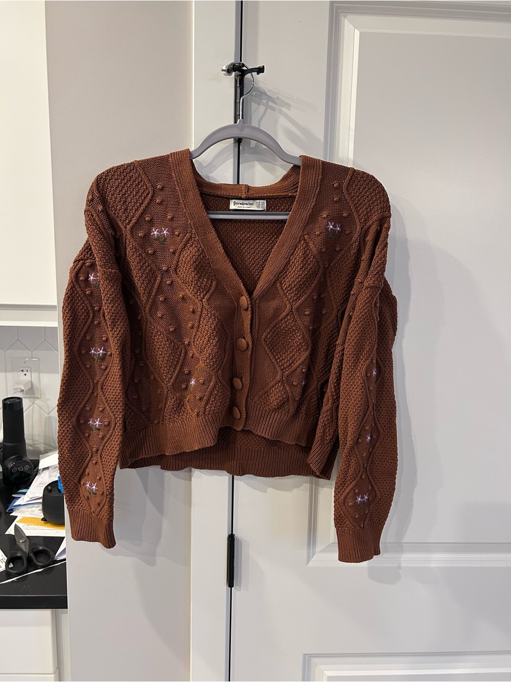Stradivarius Copper Brown Cable Knit Floral Embroidered Oversized Cardigan Boho